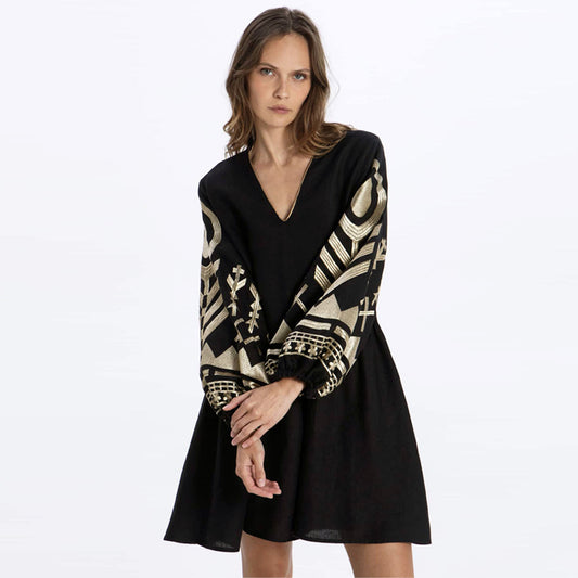 Mini Feather V Neck Long Sleeve Dress - Black/Gold