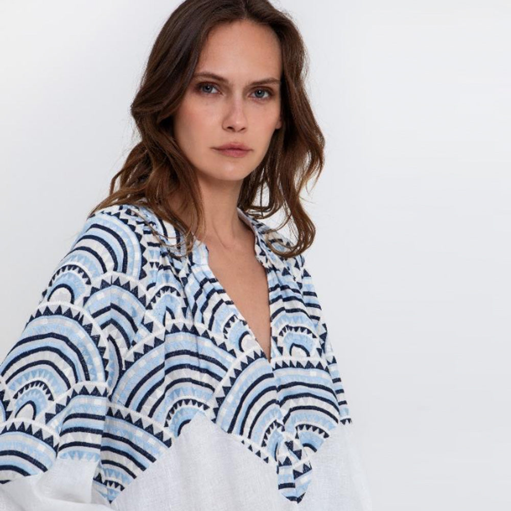 New Triangle Puffy Blouse - White/Blue/Ciel