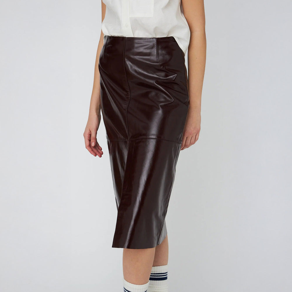 Leather Midi Skirt - Brownish Red