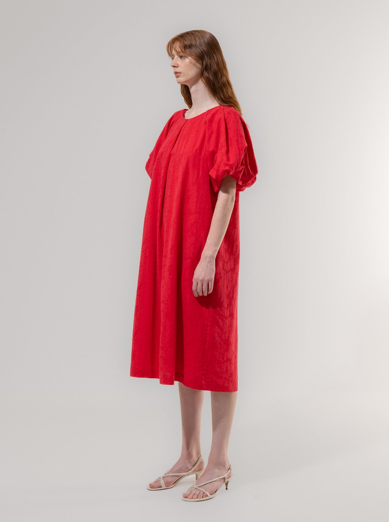 Textured Puff Sleeve Dress - Red