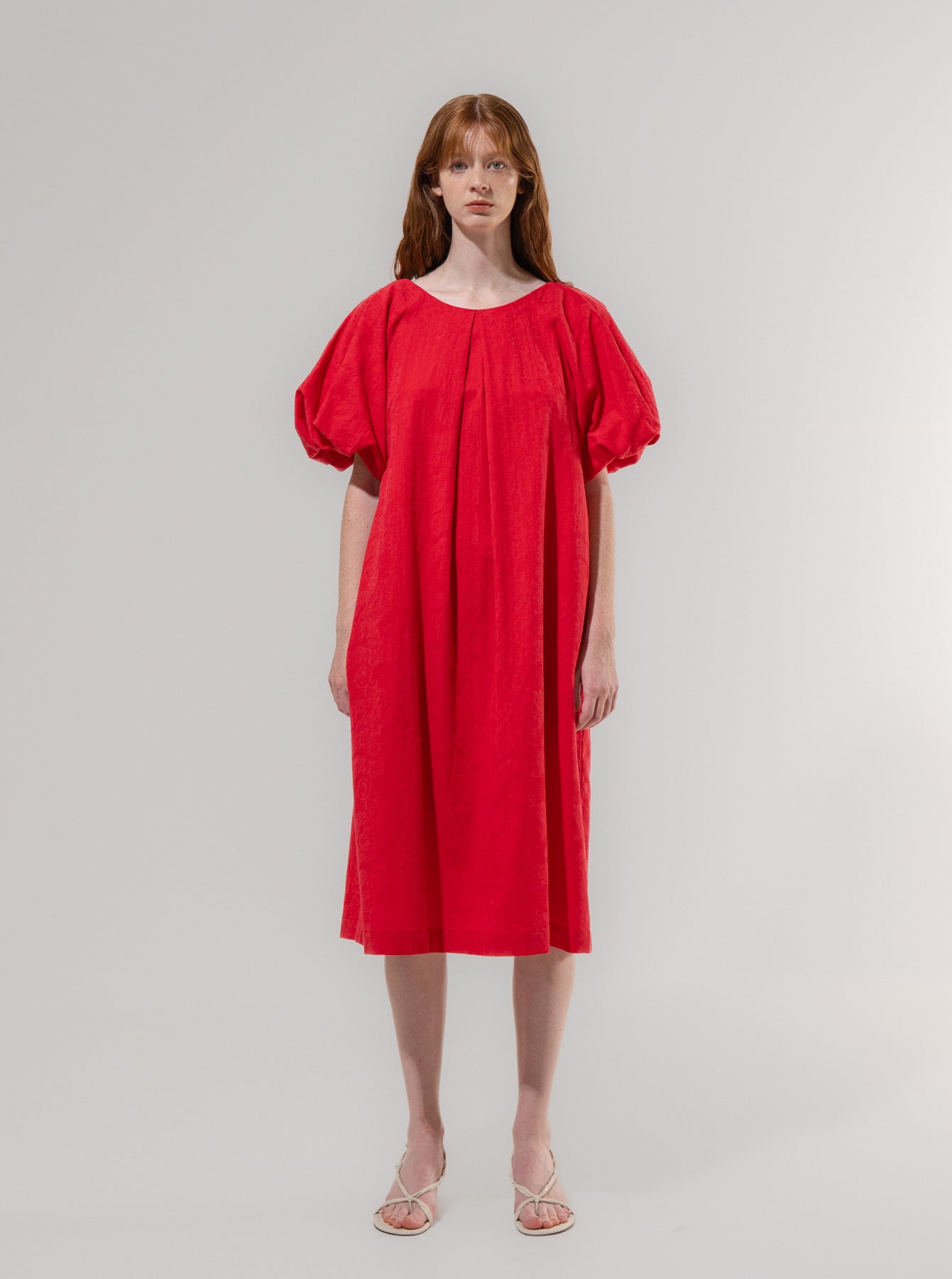 Textured Puff Sleeve Dress - Red
