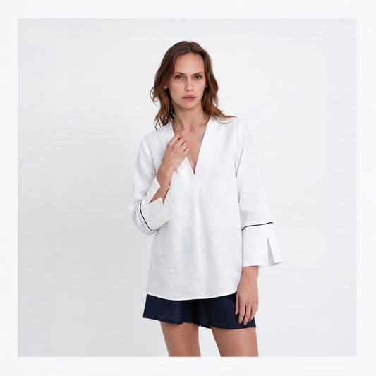 Long Sleeve Pleat Blouse - White/Black