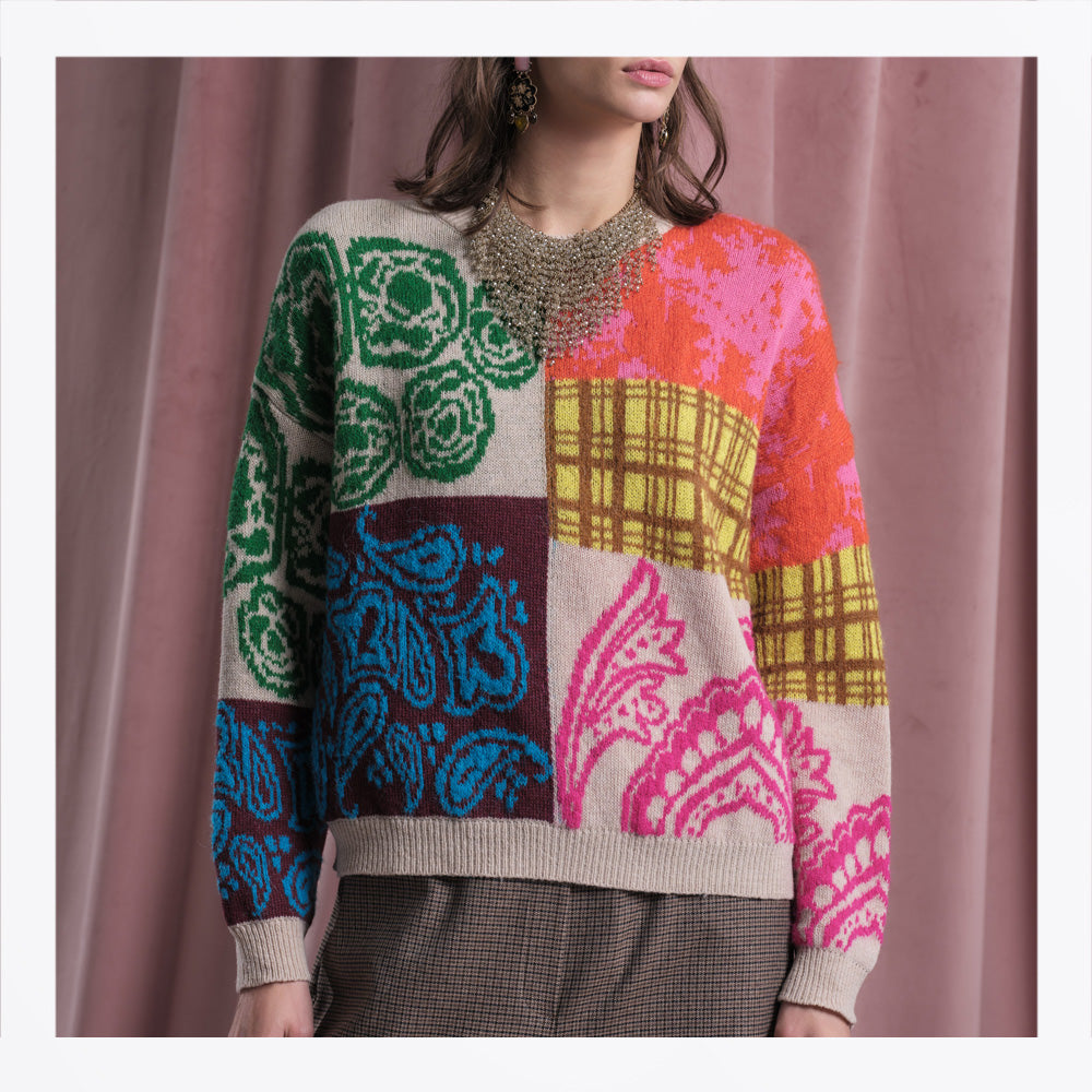 Floor Block Pattern Knitted Sweater - Vanilla