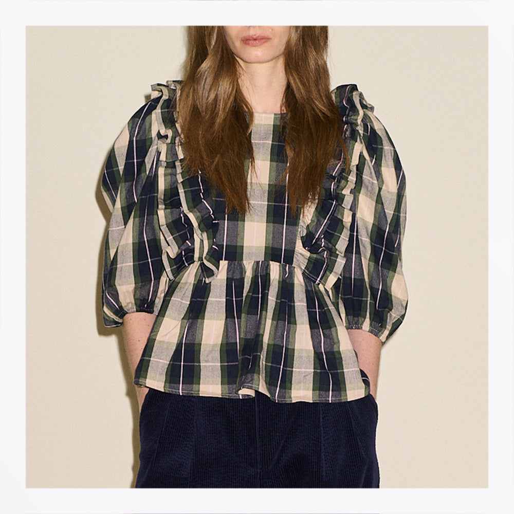 SAMDI Beatrice Check Frill Blouse - Navy/Green