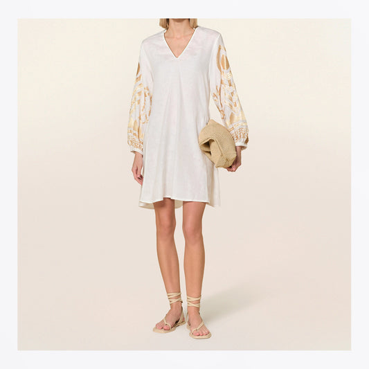 Mini Feather V Neck Long Sleeve Dress - White/Gold
