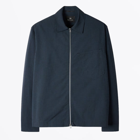 Seersucker Check Zip Shirt Jacket - Blue