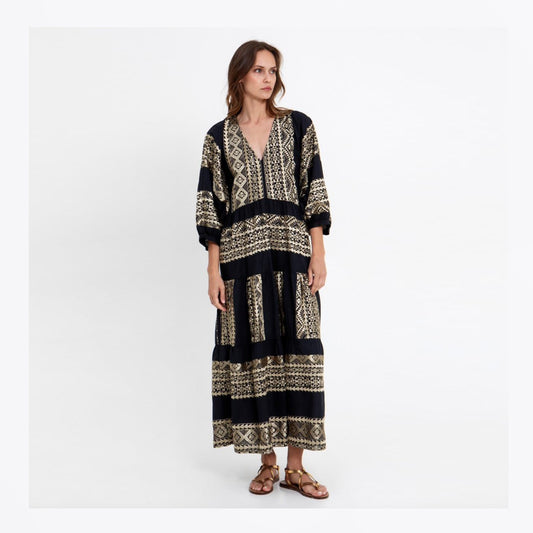 Classic Triangle Balloon Sleeves Maxi Dress - Black/Gold