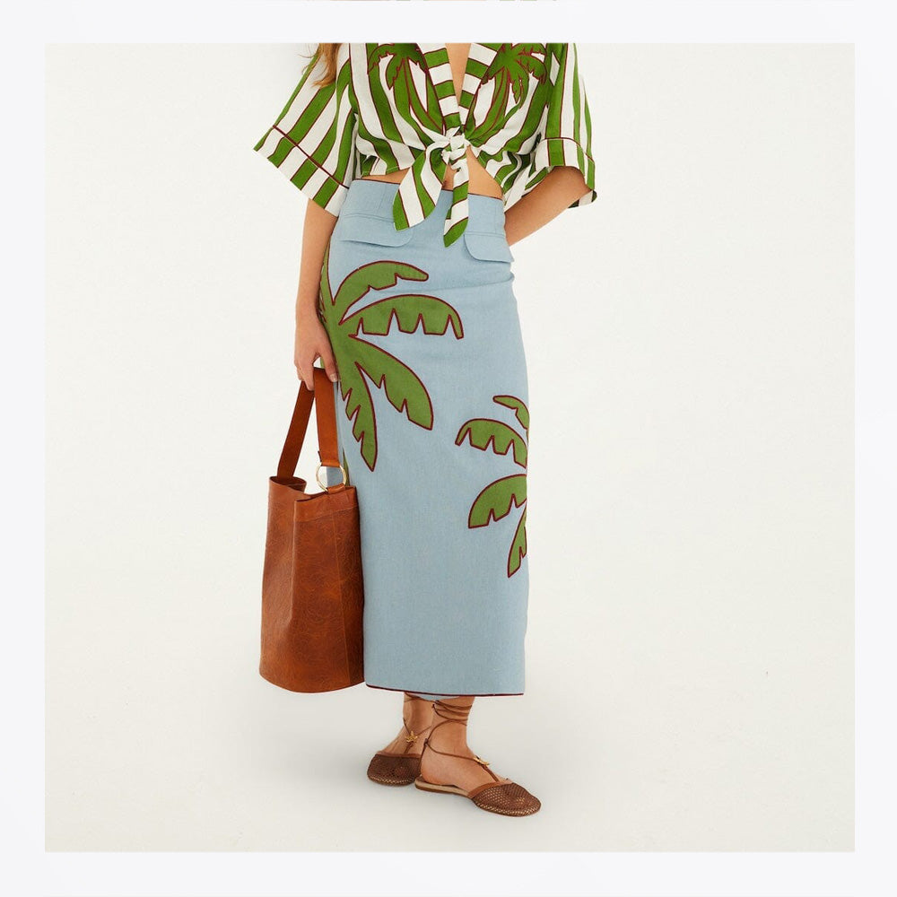 Farm Premium Linen Maxi Skirt - Blue Embroidered Palm Tree Euroflax