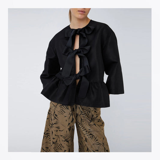 Crispy Peplum Bow Blouse - Black