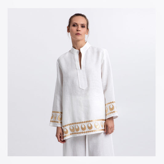 Selene Long Sleeve Tunic - White/Gold