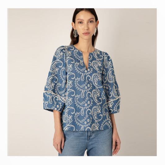 Manuela Embroidered Chambray Top - Blue