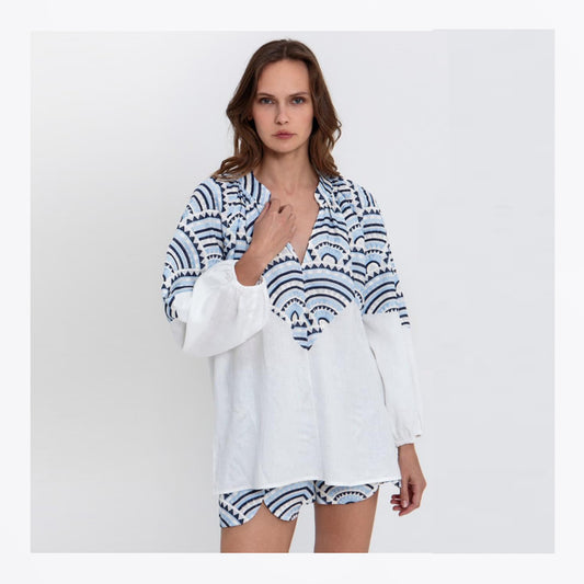 New Triangle Puffy Blouse - White/Blue/Ciel