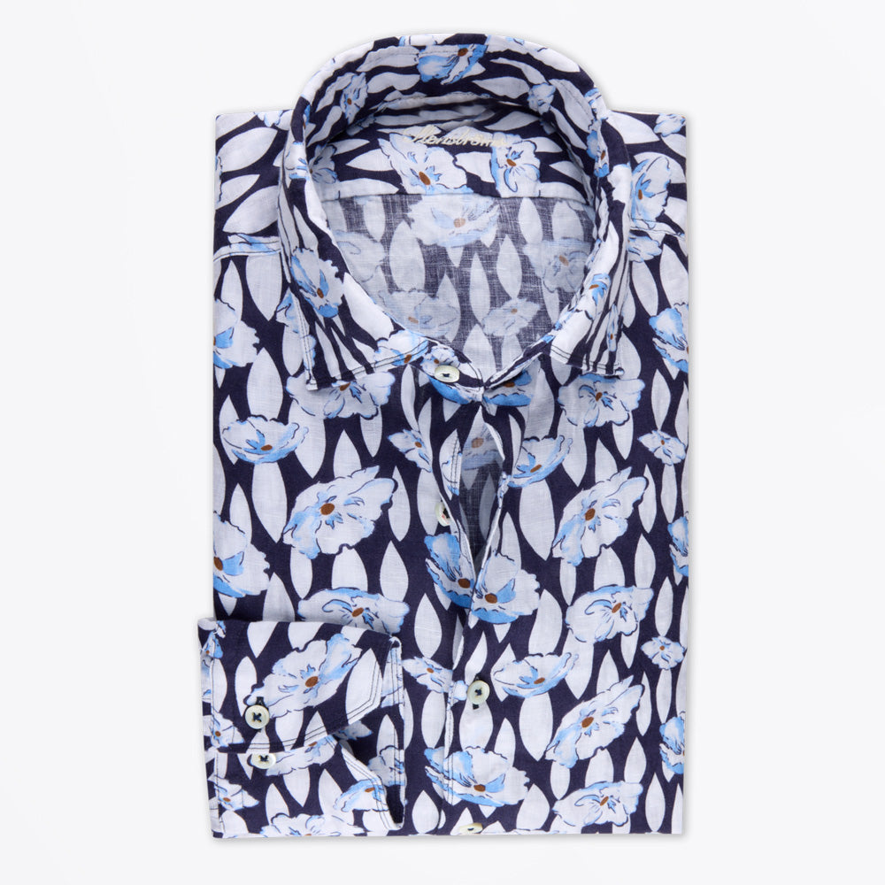 Stenstroms Regular Linen Shirt - Navy Pattern