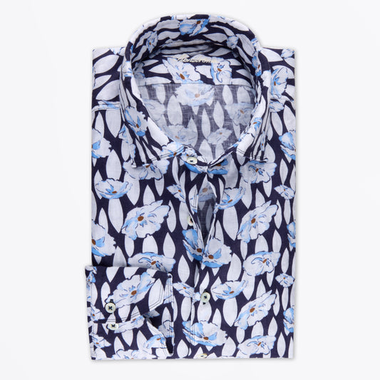 Regular Linen Shirt - Navy Pattern
