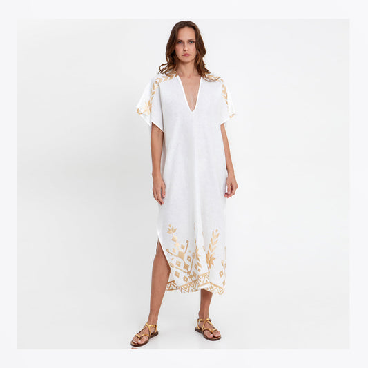 Kaftanios Deep V Neck Linen Dress - White/Gold