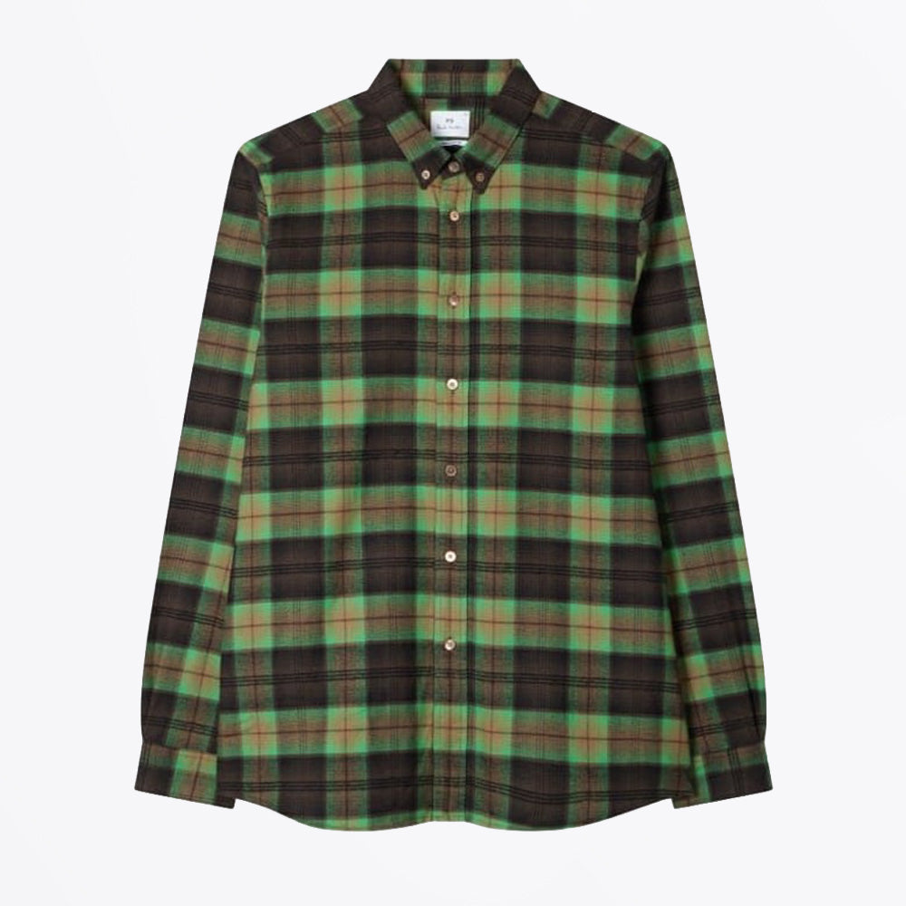 Paul Regular Fit Button Down Check Shirt - Pea Green