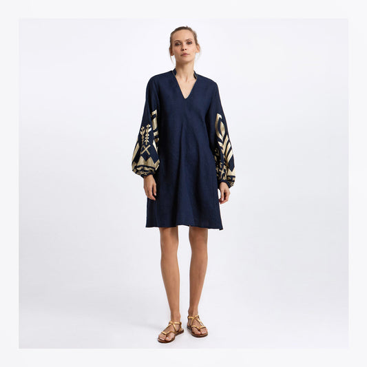 Mini Feather V Neck Long Sleeve Dress - Blue Navy/Gold