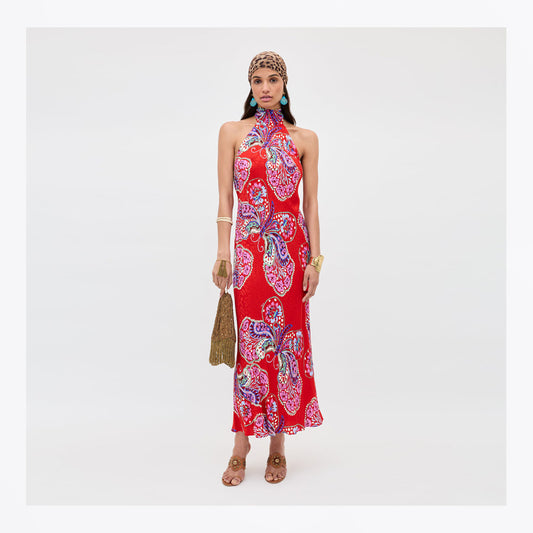 Maura Satin Midi Dress - Butterfly Bloom Jacquard Red