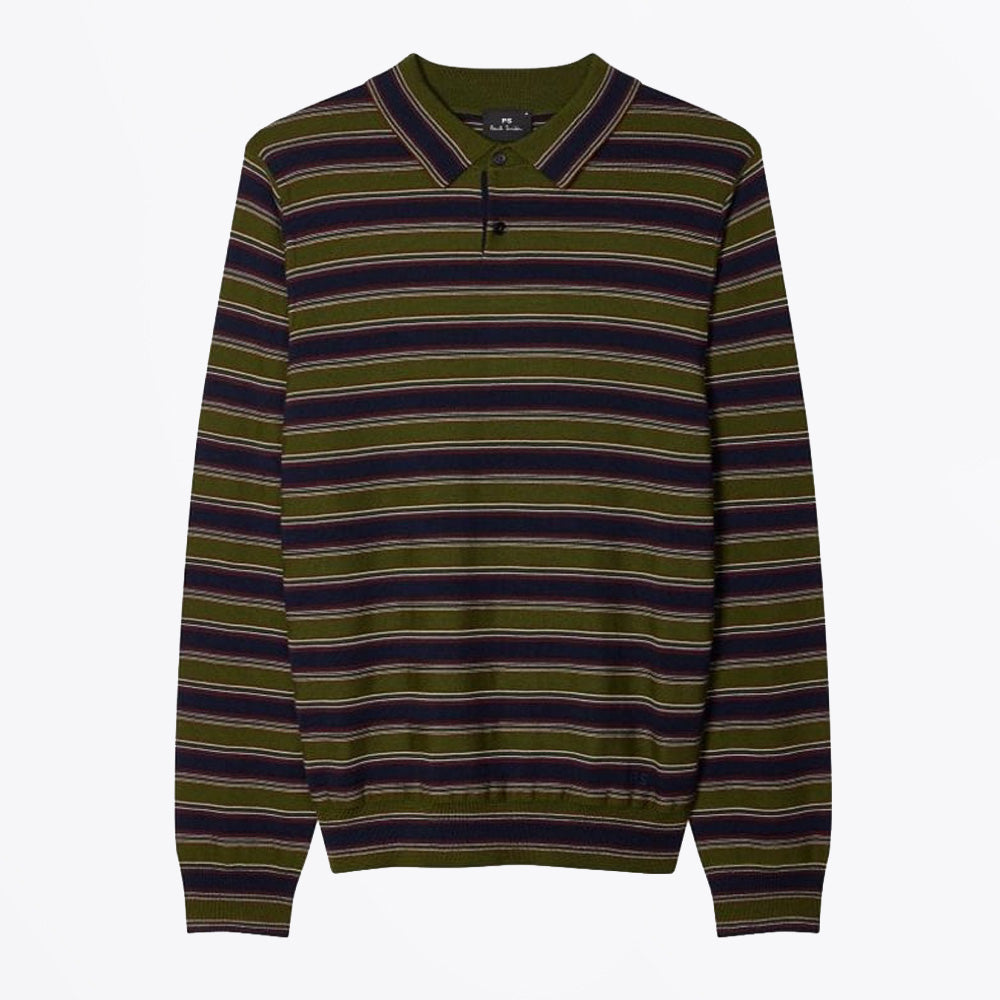 Paul Green and Navy Stripe Merino Polo Shirt - Military Green