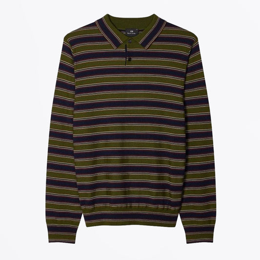 Green and Navy Stripe Merino Polo Shirt - Military Green