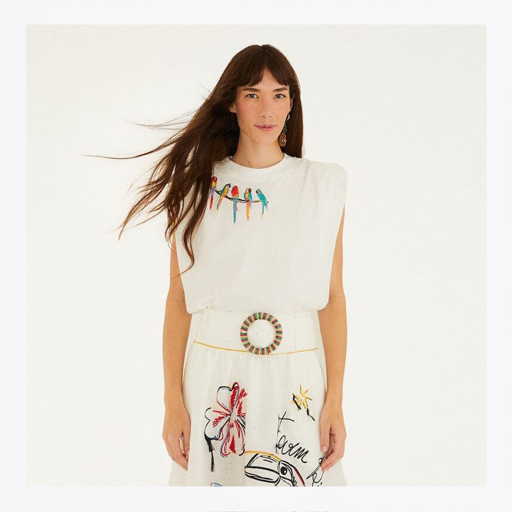 Farm Birds On Branch Embroidered Organic Cotton T-Shirt - Off-White