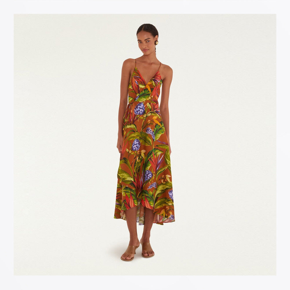 Farm Florart Linen Midi Wrap Dress - Brown