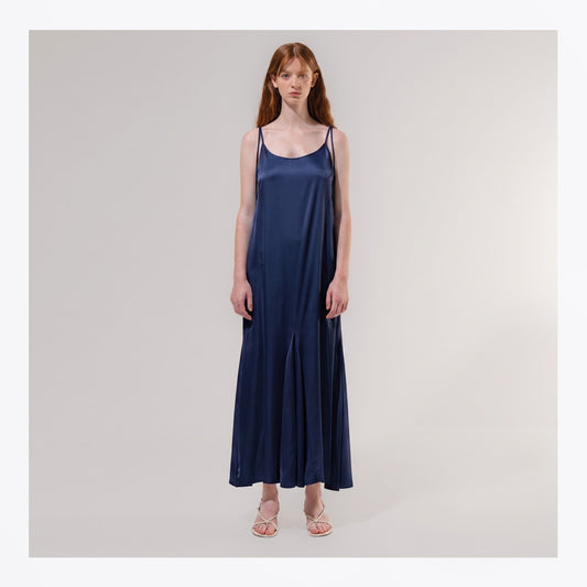 Satin Sleeveless Long Dress - Navy
