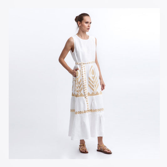 Feather Sleeveless Belted Maxi Dress - White/Gold