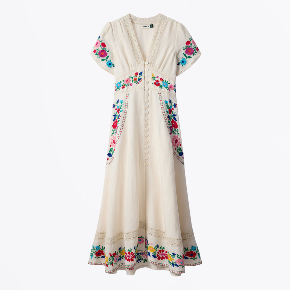 Rixo Novara Dress - Anemone Embroidery Cream