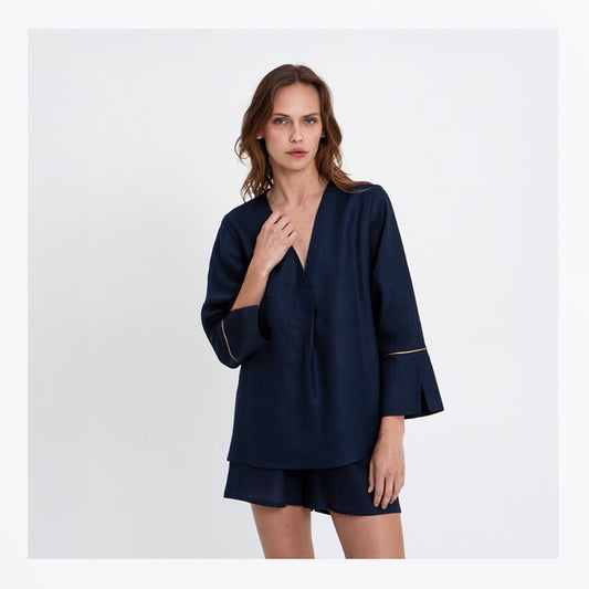 Long Sleeve Pleat Blouse - Navy/Gold