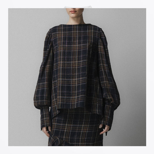 Voluminous Long Sleeve Blouse - Navy Check