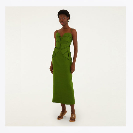 Monstera Leaf Sleeveless Linen Maxi Dress - Green