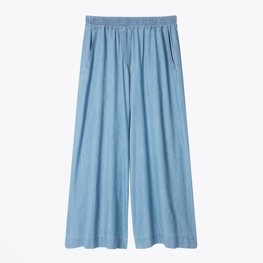 Chambray Wide-Leg Cropped Trousers - Blue
