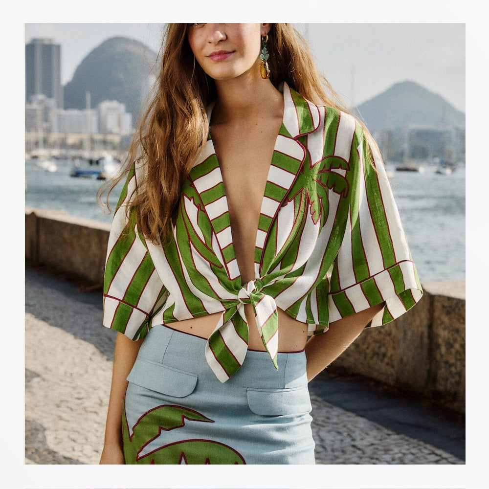Farm Premium Linen Crop Top - Green Spring Stripes Embroidered Euroflax