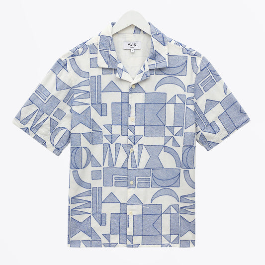 Didcot Geometric Embroidered Short-Sleeve Shirt - Ecru / Blue
