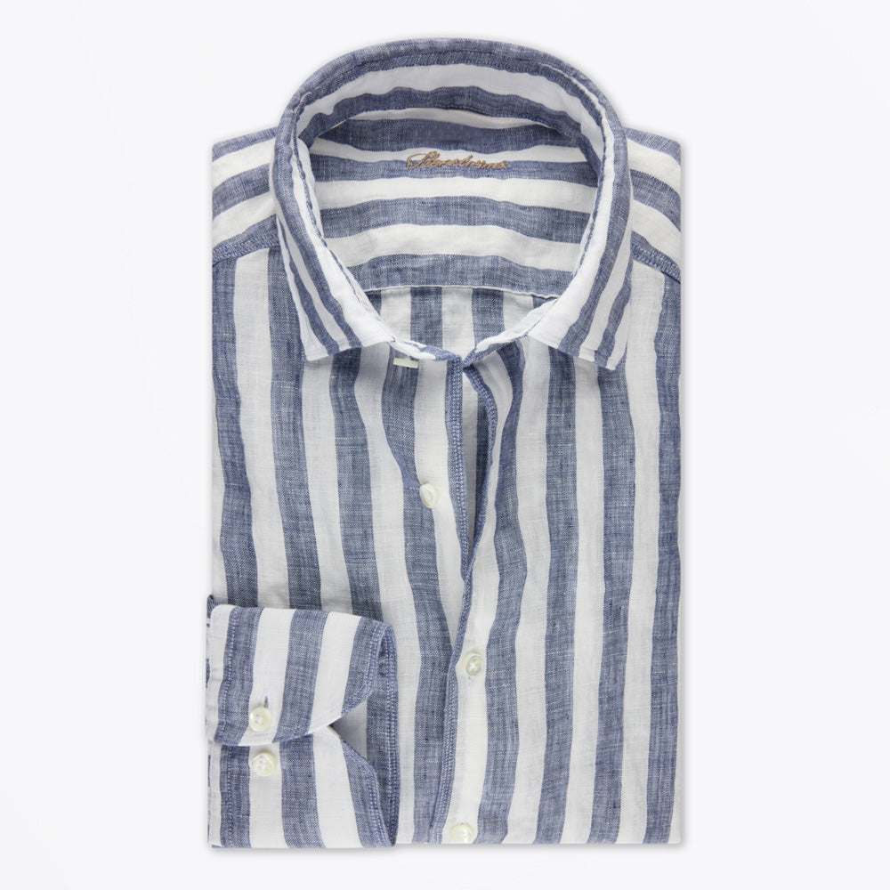 Stenstroms Regular Linen Shirt - Navy Stripe