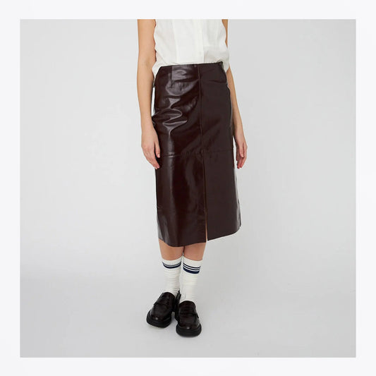 Leather Midi Skirt - Brownish Red
