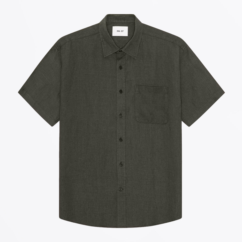 NN07 Deon Short Sleeve Linen Shirt - Dark Army