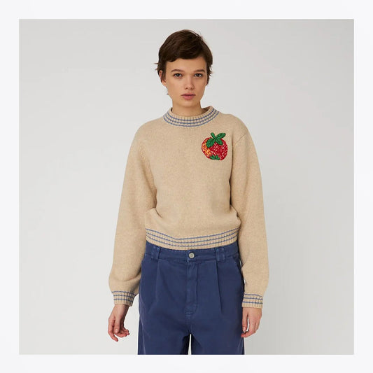 Embroidered Apple Sweater - Soft Powder