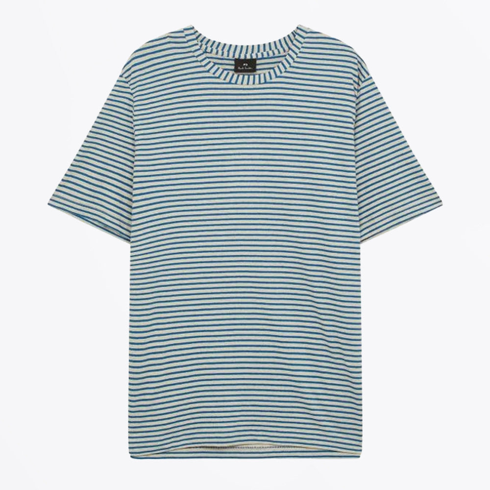 Paul Regular Fit Stripe T-Shirt - Ecru Marl / Blue Stripe