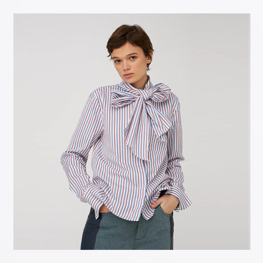 Cotton Striped Bow Shirt - Red And Blue