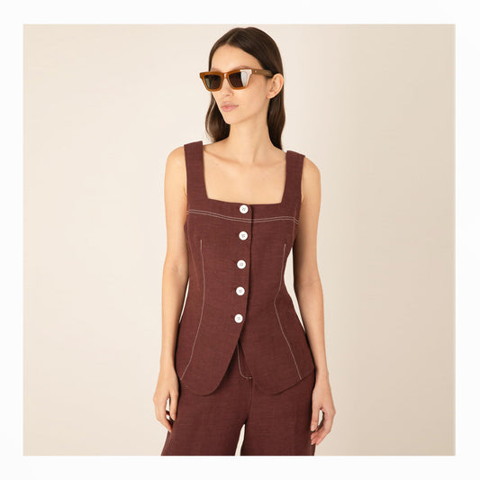 Carine Linen Button Top - Brown