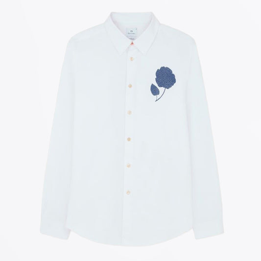 Flower Print Long Sleeve Tailored Fit Shirt - White