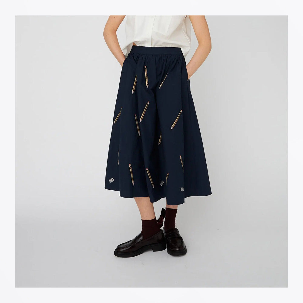Embroidered Cotton Midi Skirt - Navy