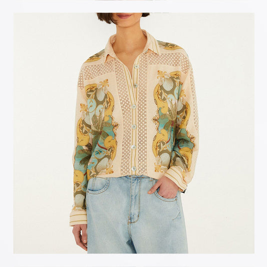 Crochet Lenzing Ecovero Euroflax Shirt - Sand Royal Sea