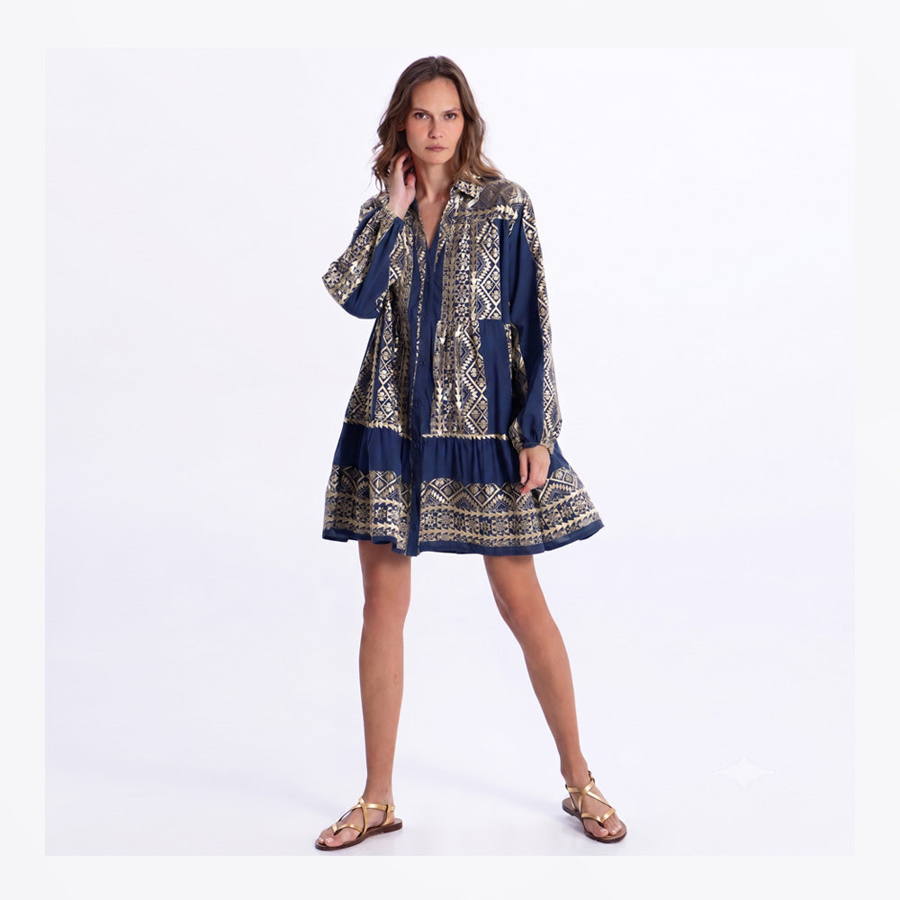 Greek Chemisier Short Classic Triangle Balloon Sleeve Dress - Blue Navy / Gold