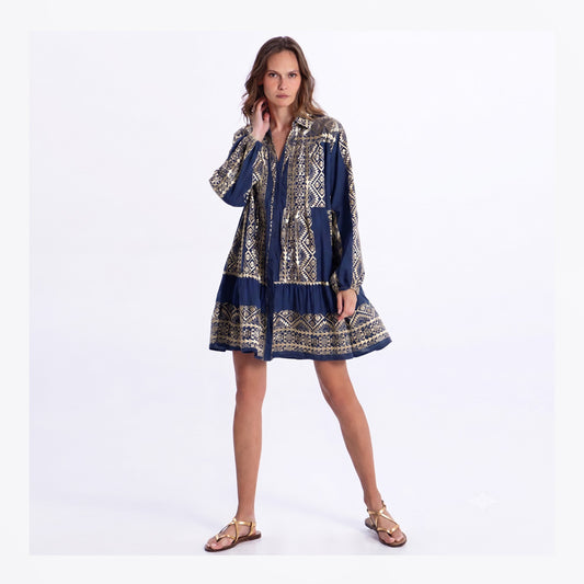 Chemisier Short Classic Triangle Balloon Sleeve Dress - Blue Navy / Gold