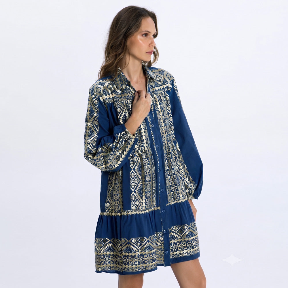 Greek Chemisier Short Classic Triangle Balloon Sleeve Dress - Blue Navy / Gold