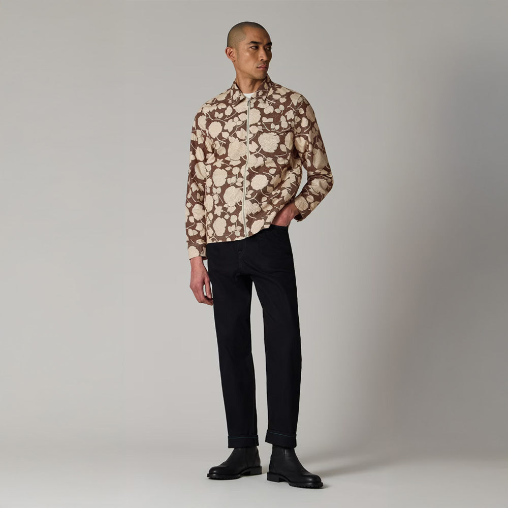 Perforated Floral Cotton Zip Jacket - Brown