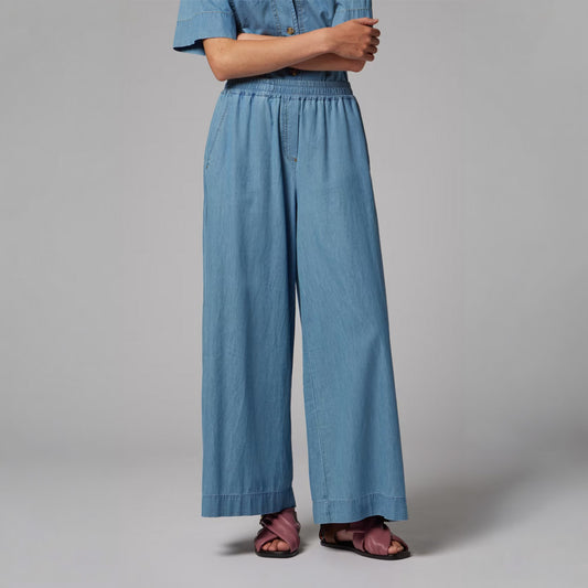 Chambray Wide-Leg Cropped Trousers - Blue
